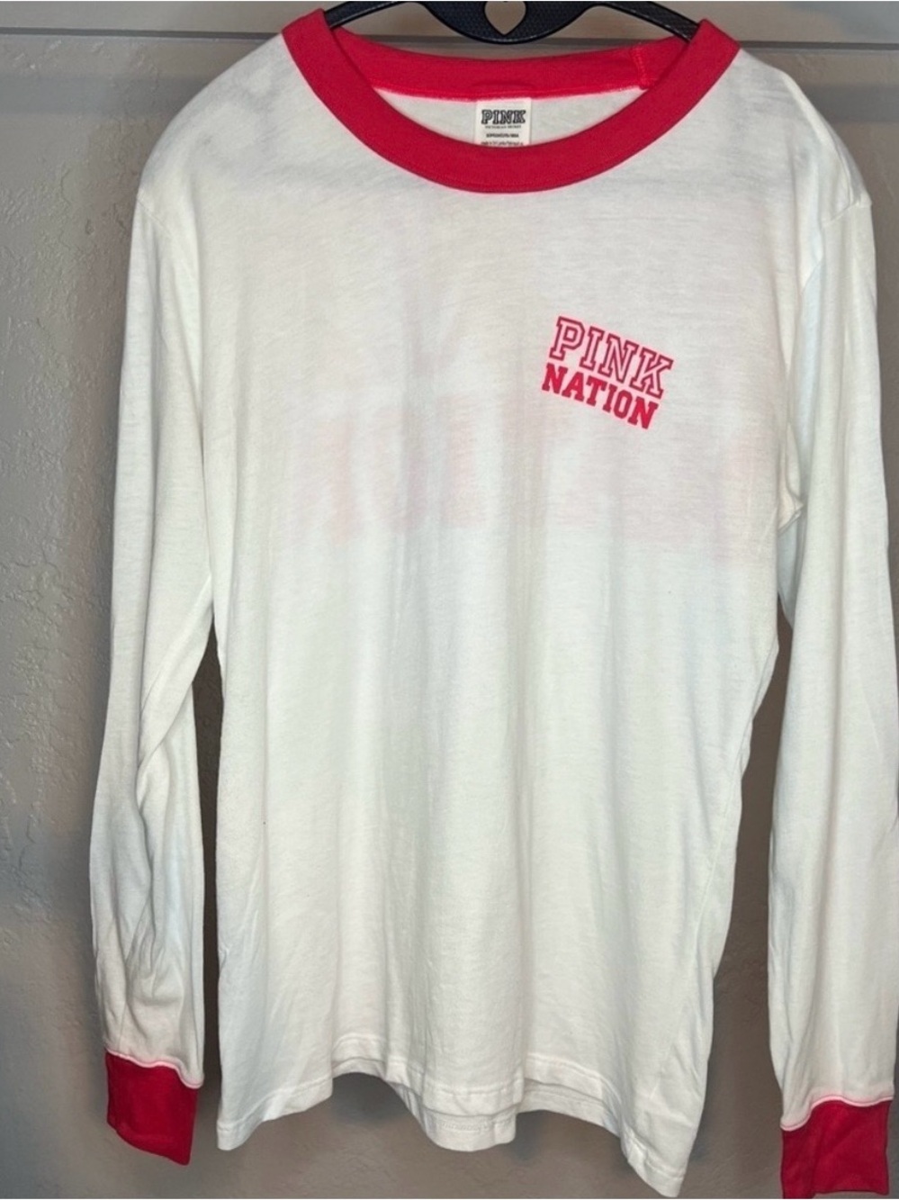 PINK Long Sleeve Ringer Tee White and Red